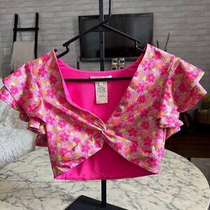 LoveShackFancy Vneck Floral Pink Short Sleeve Cropped Shirt Top Tie Front Sz XS